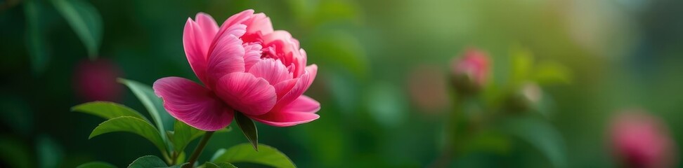 Obraz premium A majestic peony in full bloom on a lush green stem, blooms, peonies, greenery