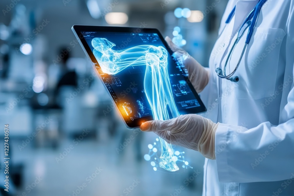 Poster medical professional examines digital skeletal image of a knee joint using tablet technology in a he