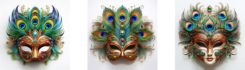 Three ornate Venetian masks adorned with peacock feathers.  Elegant and colorful, these masks are perfect for masquerade balls or theatrical productions.