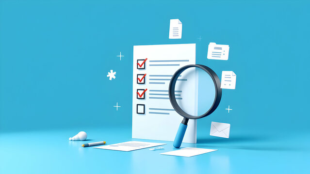 Minimalist design with blue background features document icons magnifying glass and checklist
