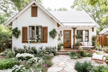 A drastically different house exterior after a makeover, with a fresh coat of paint, new landscaping, and stylish shutters