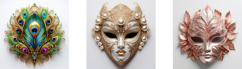 Obraz premium Three ornate Venetian-style masks; one peacock, one lion, one floral. Intricate details and metallic finishes.