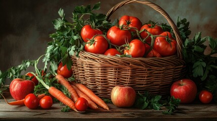 A wooden basket overflowing with ripe tomatoes, carrots, and apples, set on a rustic wooden table with fresh herbs scattered around.