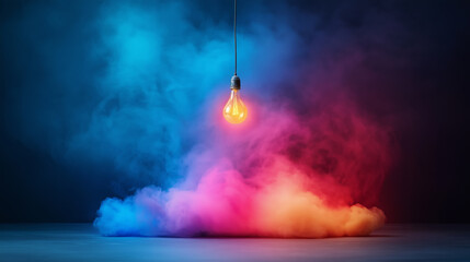 Obraz premium Dynamic interplay of colored light and shadow from a hanging bulb illuminating swirling smoke in a dark environment