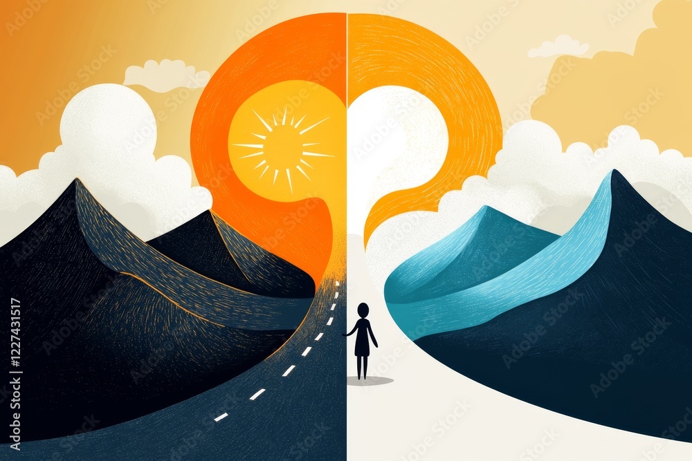 Poster a flat design of a person standing at a fork in the road, with one path sunny and clear and the othe