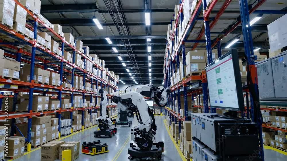 Poster modern warehouse automation with robots managing inventory and delivering packages efficiently