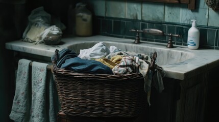 A wooden wicker basket filled with a mix of clothes, ready for washing, placed near a sink with soap and laundry detergent bottles.