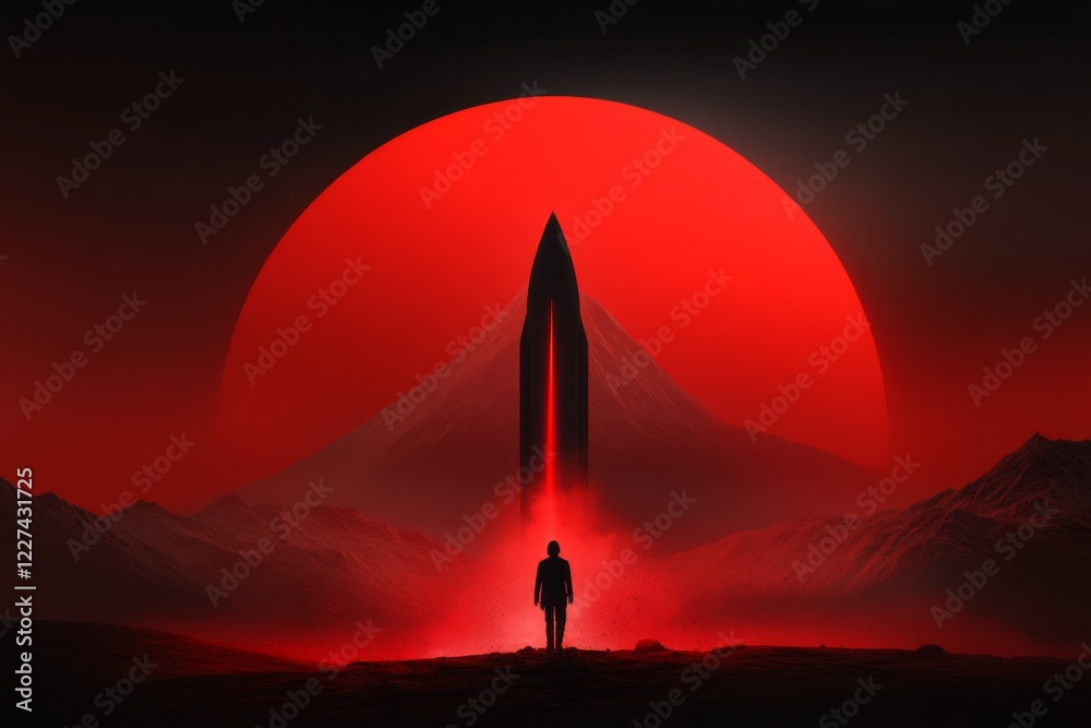 Poster a flat design of a rocket failing to launch, with smoke and sparks at the base, symbolizing scientif