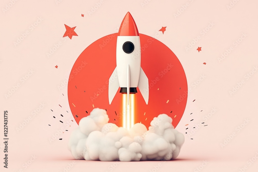 Aufkleber a flat design of a rocket failing to launch, with smoke and sparks at the base, symbolizing scientif
