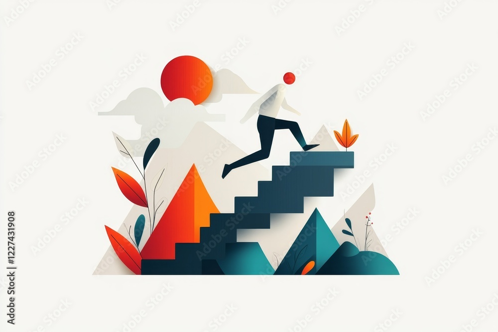 Poster A flat icon-style depiction of a stumbling figure on a staircase, using clean lines and muted tones to convey a setback