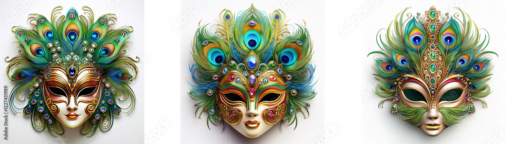 Poster three elegant venetian masks adorned with peacock feathers. intricate details and vibrant colors cre
