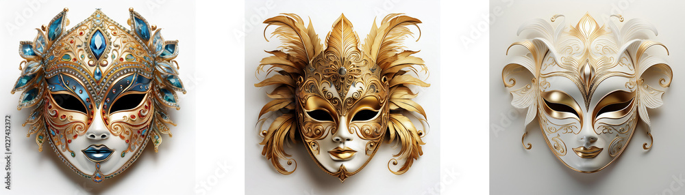 Poster three ornate venetian masquerade masks displayed against a neutral background. each mask possesses u