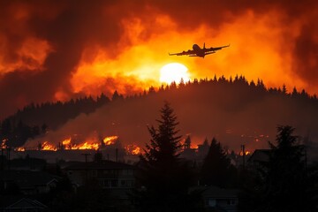 Firefighting aircraft battles raging wildfires at sunset near urban area
