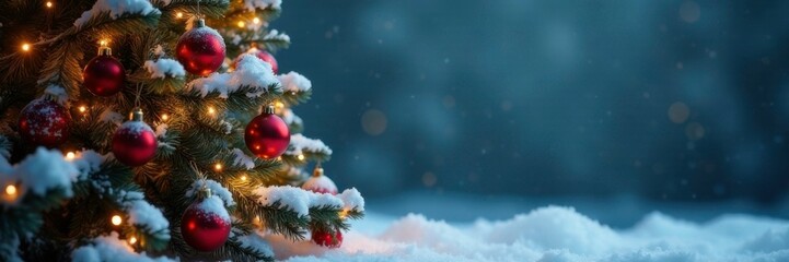 Fototapeta premium Snowy Christmas tree with ornaments and garland, garland, greenery, lights