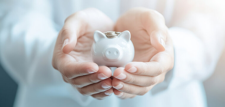 Partners holding piggy bank together, symbolizing savings and financial planning. Their hands convey trust and collaboration in managing finances