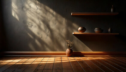 Wooden table with dark wall background and sun window creating leaf shadows on the wall with blurred interior in front

