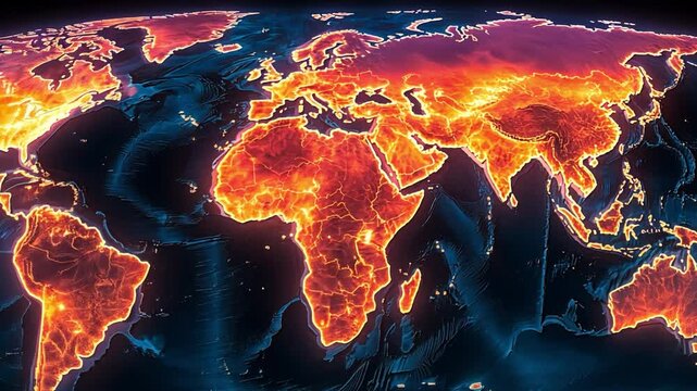 Global map illuminated by fiery colors showcasing temperature variations across continents