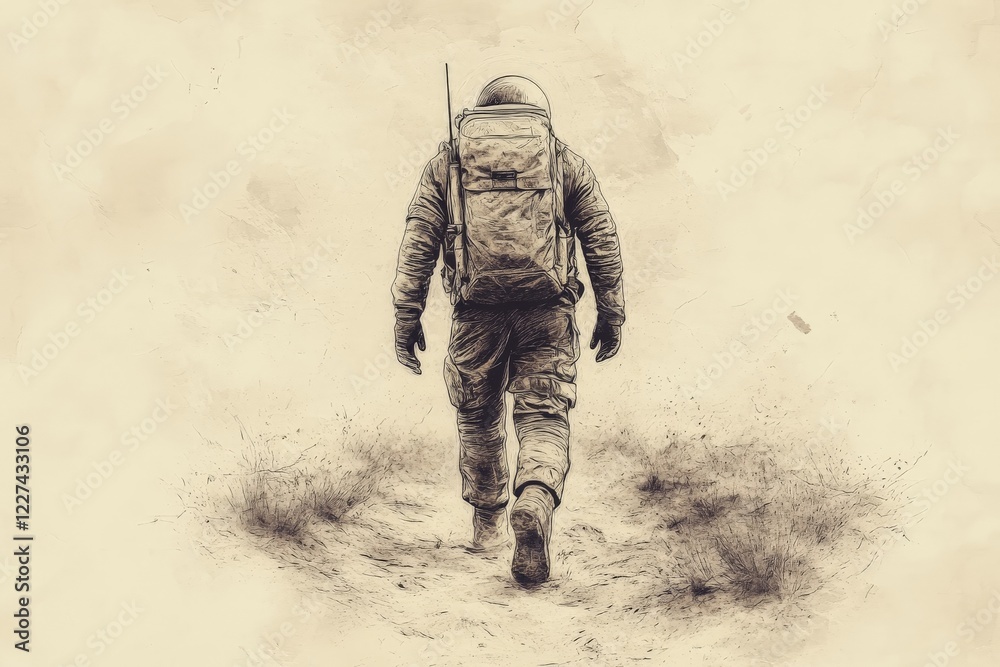 Poster astronaut walking across a barren landscape under a muted sky at an unknown time