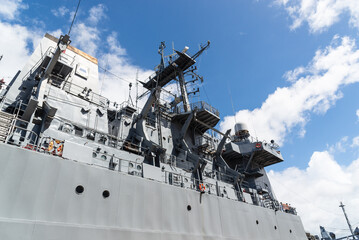 View of a Navy ship open for visits in the port of the city of Salvador, Bahia, Brazil.