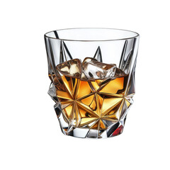 Crystal Clear Glass with Golden Whiskey and Ice Cubes on Display