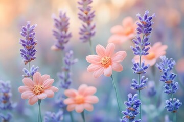 Fototapeta premium Colorful lavender and peach flowers bloom in a serene garden at dusk, creating a tranquil atmosphere for evening strolls