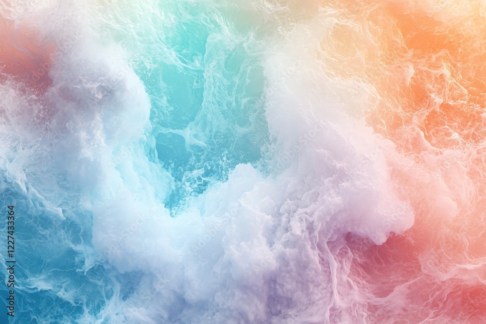 Poster waves crashing on a sandy shore during sunset create a serene blend of colors in the ocean's water
