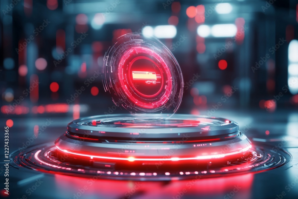 Poster a futuristic holographic display of an alarm system triggered, with bold red warnings and glitching 