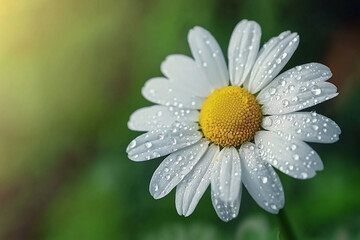 Close-up of a dew-covered daisy flower in a lush green garden with soft sunlight filtering through