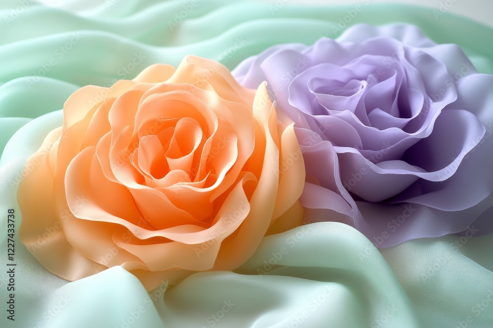 Poster Elegant pastel roses resting on soft fabric create a serene and artistic display