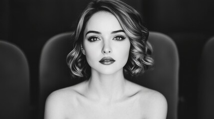 Naklejka premium Fashion hair cut glamorous concept. Captivating portrait of a woman with voluminous curled hair and striking facial features