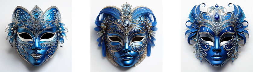 Three ornate, blue and silver masquerade masks displayed against a white backdrop.  Intricate detailing and stylized features.