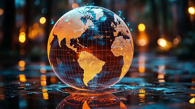 Lit globe reflecting on water in a glowing outdoor setting at night