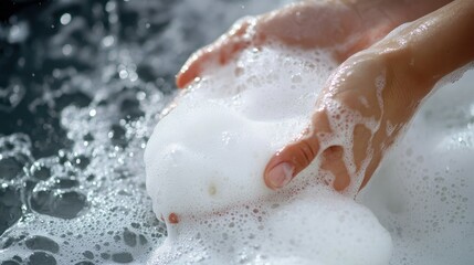 Fototapeta premium Hands washing with soap under running water from a modern bathroom faucet, with soap foam forming and water gently flowing.