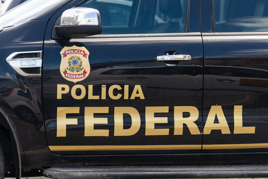 A federal police car is seen parked at the port in the city of Salvador, Brazil.