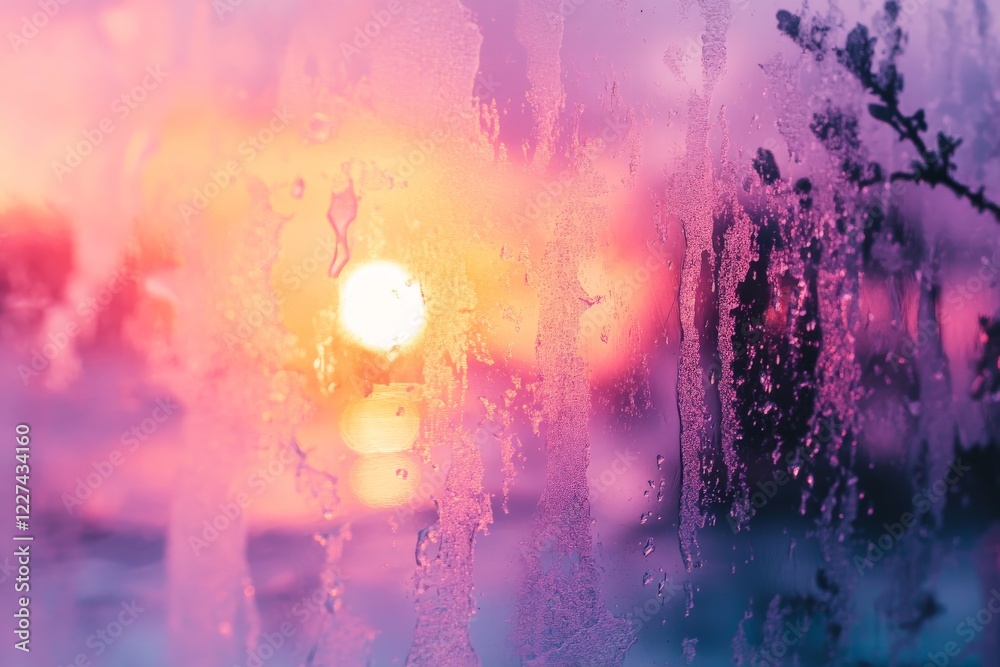 Aufkleber beautiful sunset viewed through a misty window with vibrant colors and soft reflections captured dur