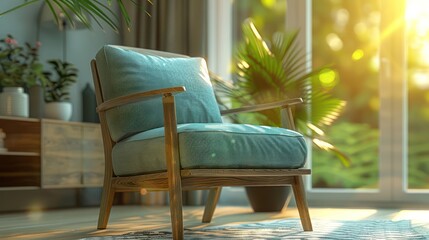 Cozy modern chair in a sunlit room surrounded by lush greenery and decorative plants