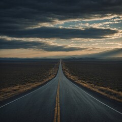 Naklejka premium A lone car driving along an empty highway with a distant horizon.