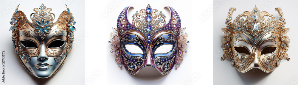 Poster three ornate venetian-style masks, each with unique color palettes and detailing, are displayed agai