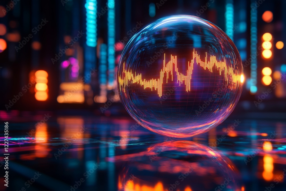 Poster vibrant digital sphere with fluctuating data visualization against a futuristic city background