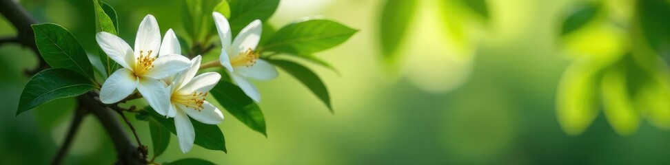 Fototapeta premium Fragrant white blooms on ylang ylang tree branches, nature, leaves, flowers