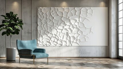 Modern living room featuring a textured wall art piece, stylish chair, and indoor plant