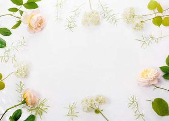 Festive flower frame, composition of delicate peach roses, white hydrangea for Mother's Day, Women's Day. Roses convey softness of feelings, gentle, ideal for congratulations, advertising backgrounds