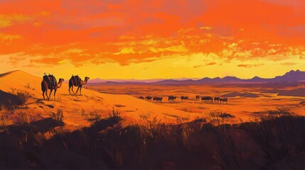 Fototapeta premium Camels Traverse Desert Sands Under a Fiery Sunset Sky