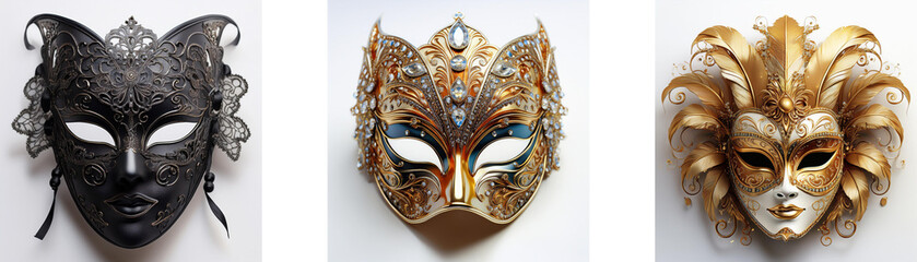 Three ornate Venetian masks, each unique in design and color, showcase intricate craftsmanship.