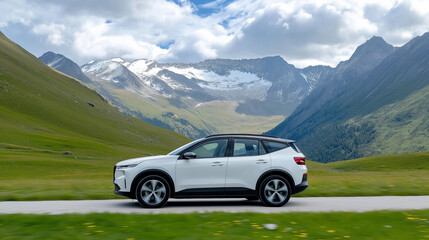 Electric vehicles navigate through stunning mountain landscapes, showcasing sustainable travel in pristine nature during bright daylight hours