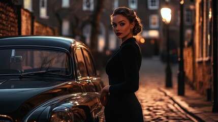 A stylish woman stands by a classic car in a lit cobblestone street at night, exuding elegance and charm in a vintage setting.
