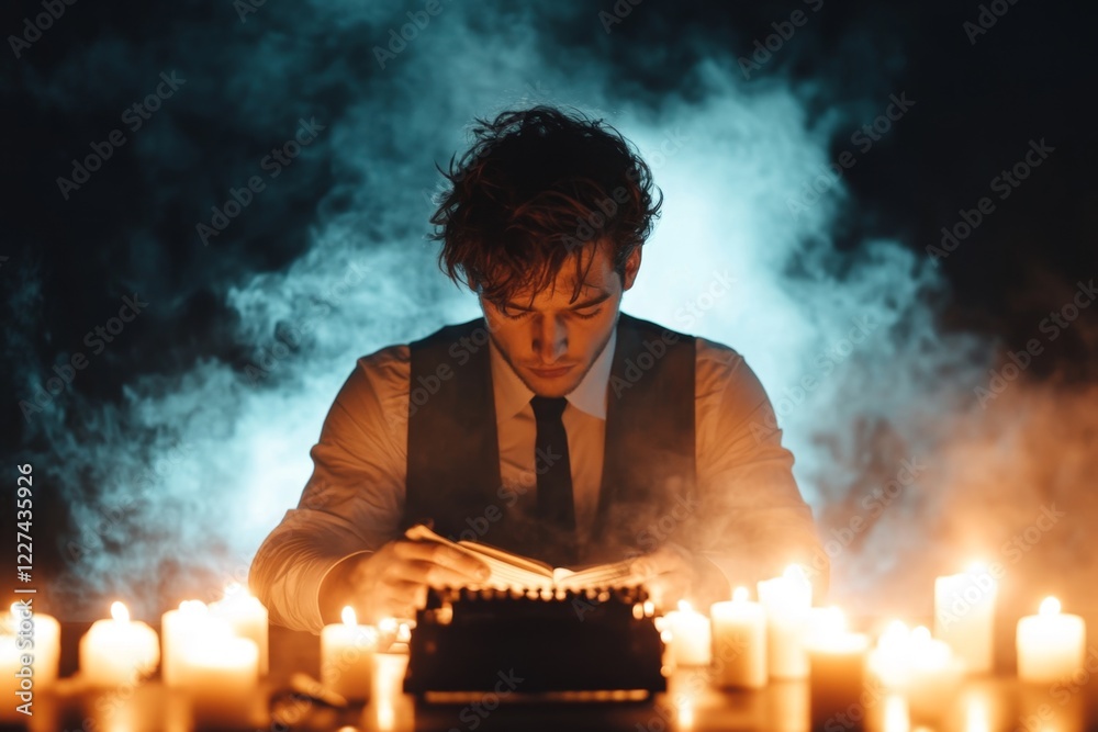 Poster a gothic depiction of a consultant sitting at a dark wooden desk with candles casting eerie light on