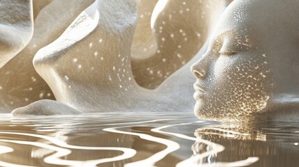 Obraz premium Serene Reflection: A Dreamy Face Amidst Calm Waters and Soft Lights