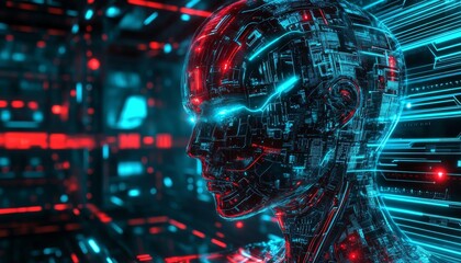 Tech humanoid artificial intelligence neon background