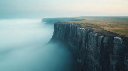 a cliff's edge, where a small patch of grass is visible amidst the sea of mist below. The mist rises gently from the valley,